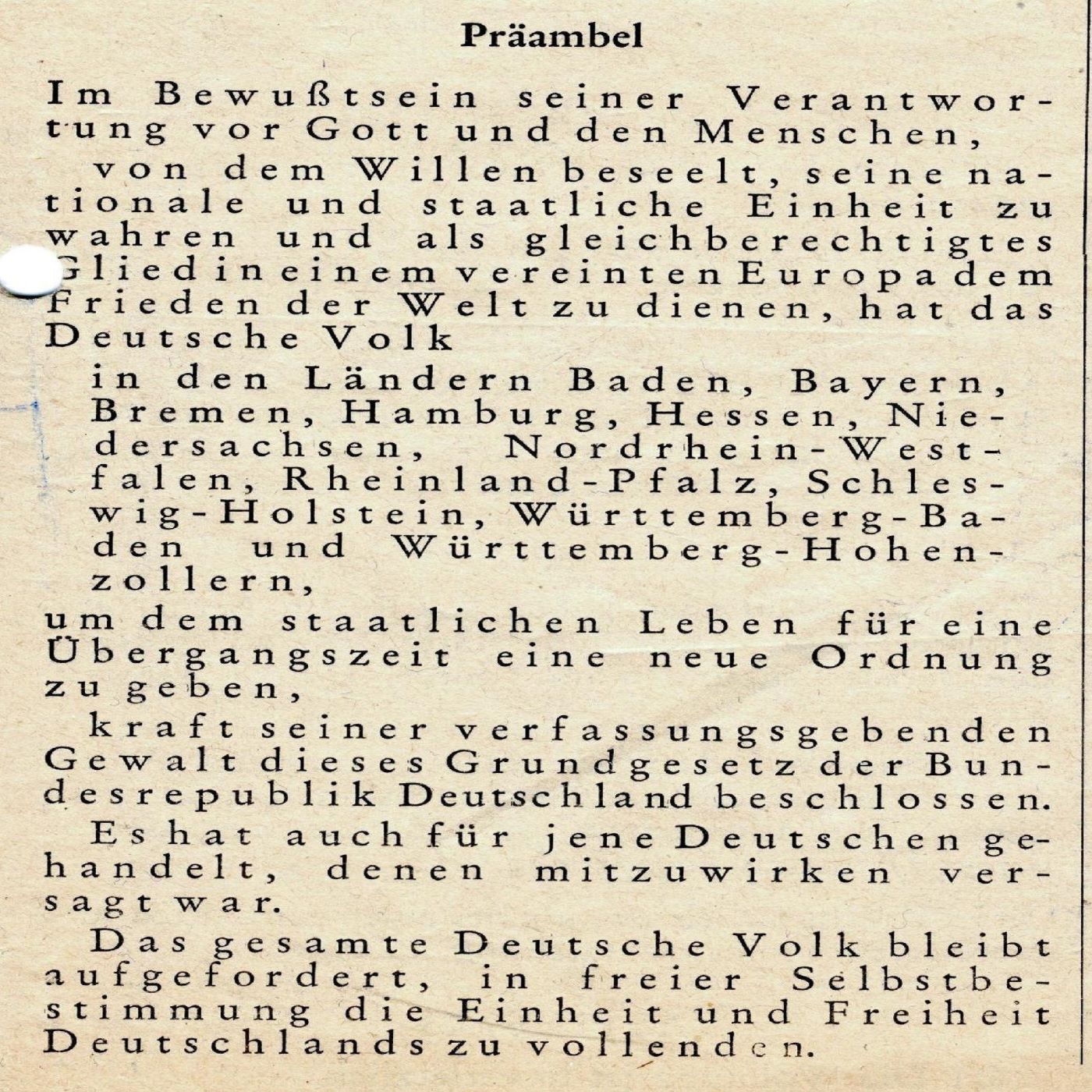 Y-114: Präambel des Grundgesetzes für die Bundesrepublik Deutschland (1949)