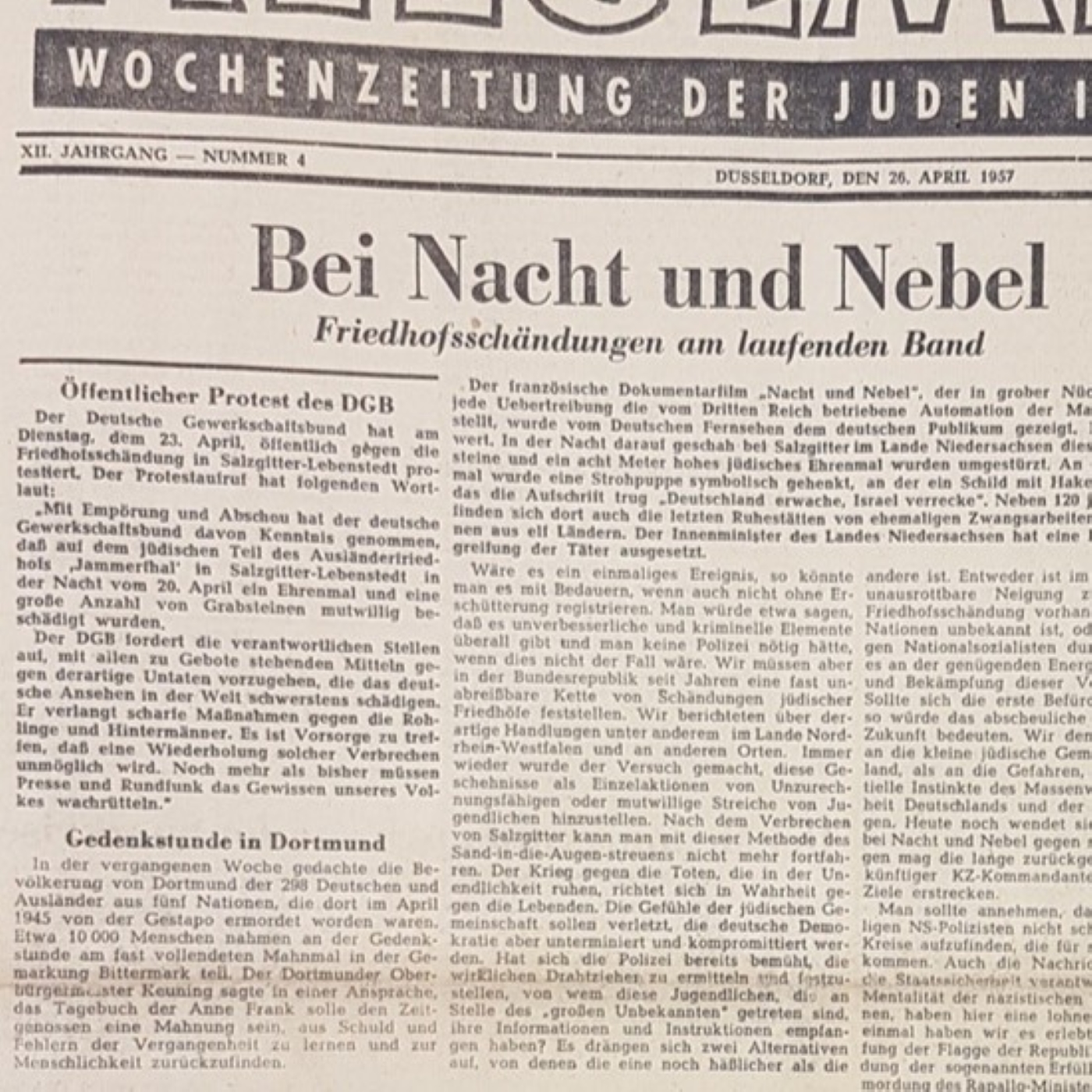 Y-176: Zeitungsbericht über den antisemitischen Angriff auf den jüdischen Friedhof in Salzgitter (1957)