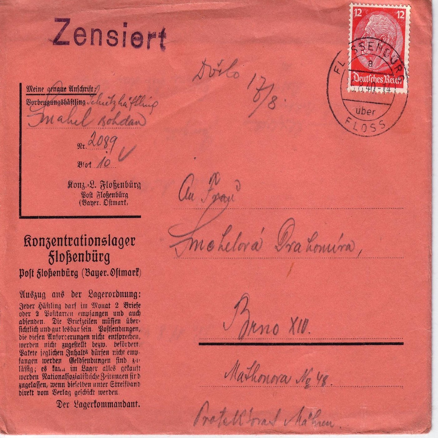 Y-094: Regeln für die Post der Häftlinge im KZ Flossenbürg (1940)