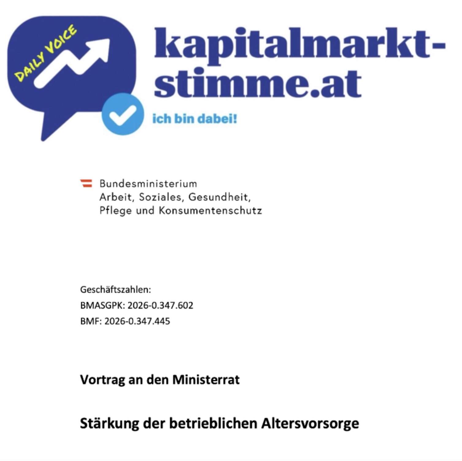 Kapitalmarkt-stimme.at daily voice: So will Korinna Schumann mit Markus Marterbauer die betriebliche Altersvorsorge stärken (Lesung Original)