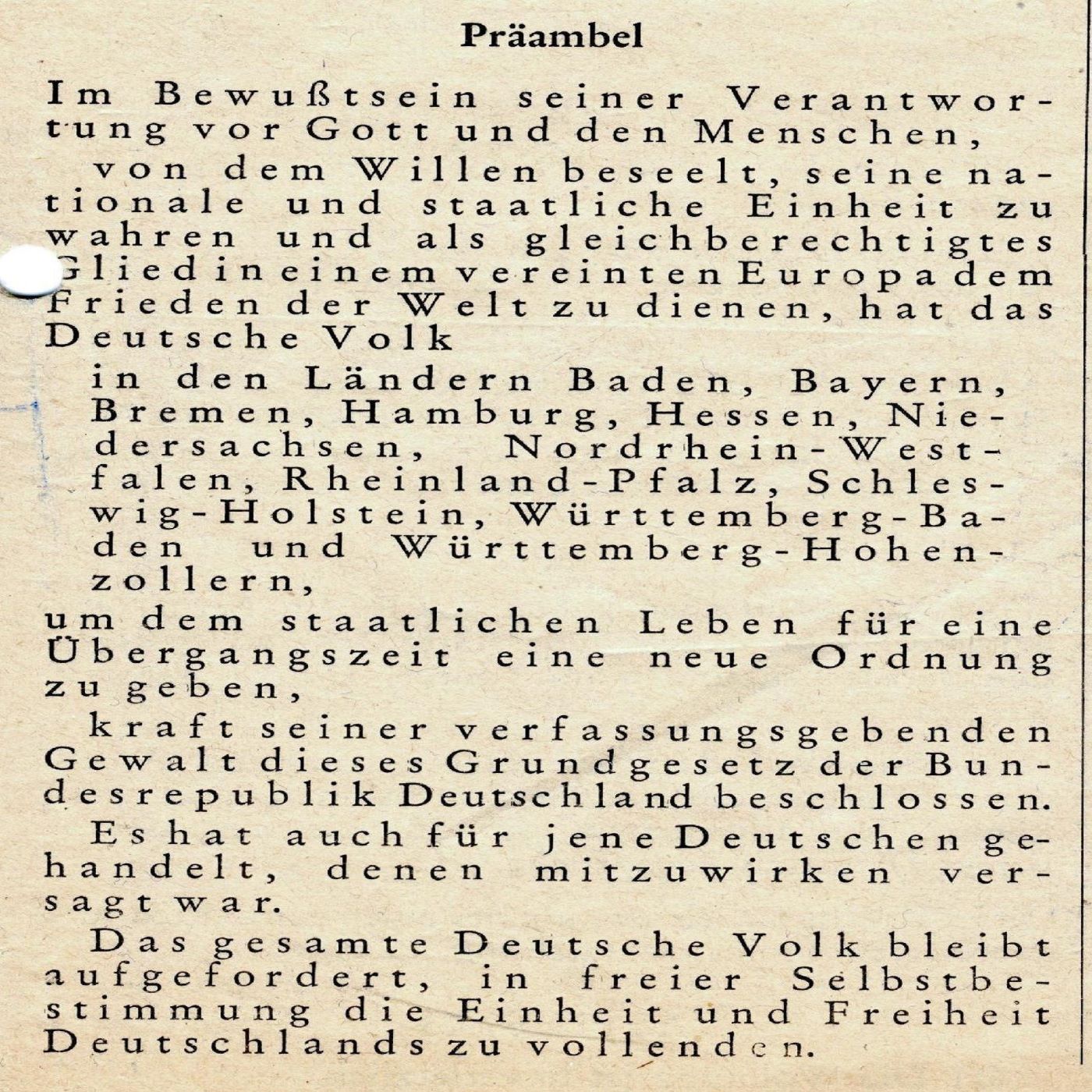 Y-114: Präambel des Grundgesetzes für die Bundesrepublik Deutschland (1949)