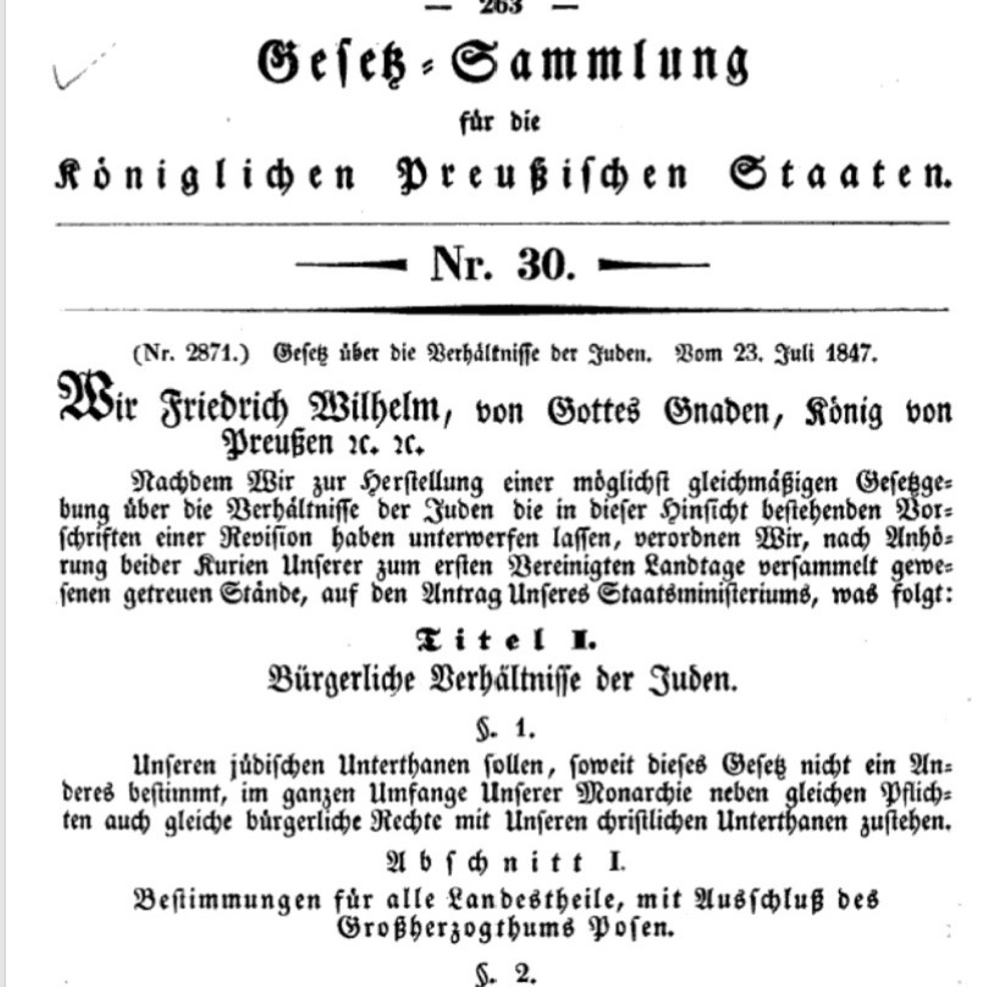 Y-054: Gesetz über die Verhältnisse der Juden im Königreich Preußen (1847)
