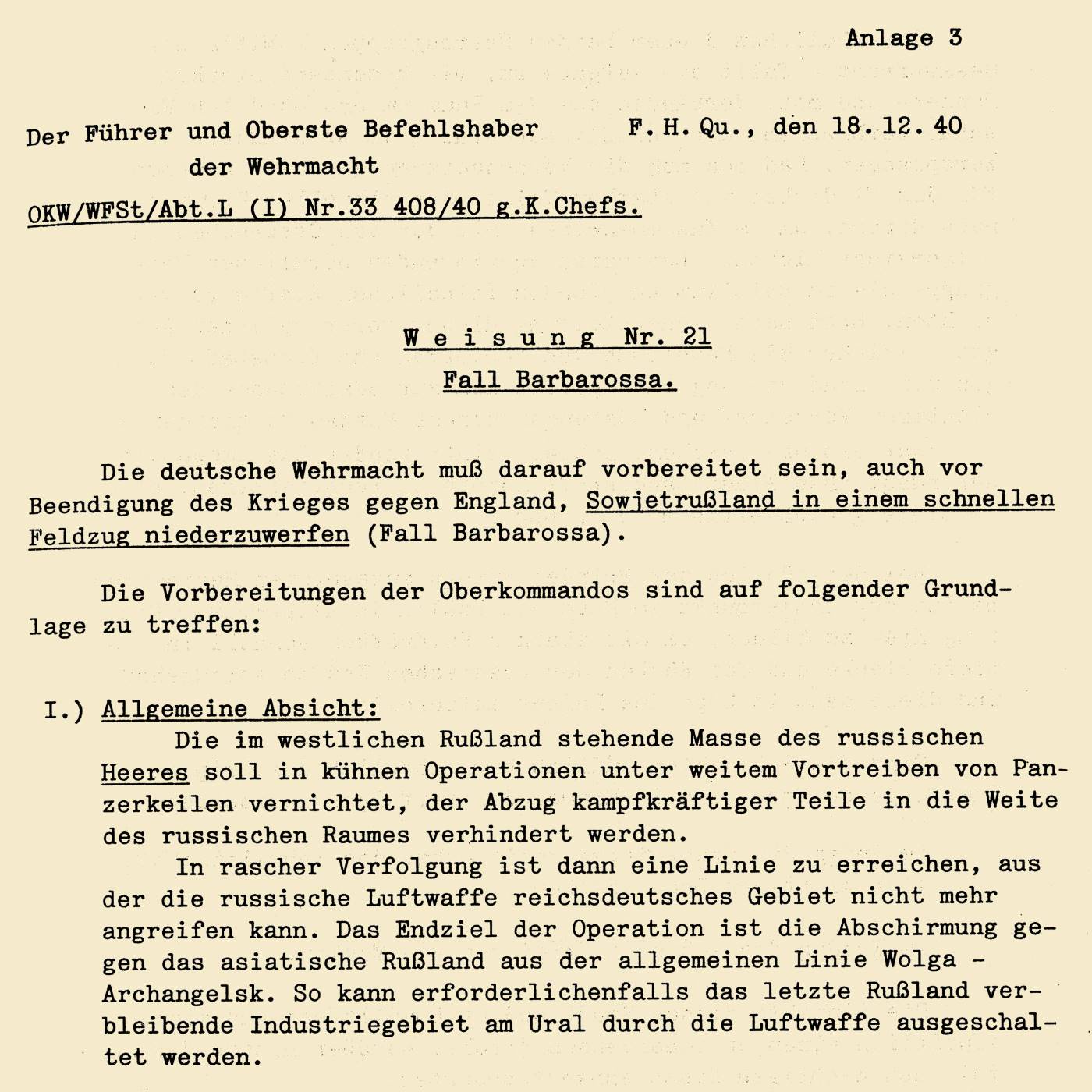 Y-112: Adolf Hitler, Weisung Nr. 21 (1940)