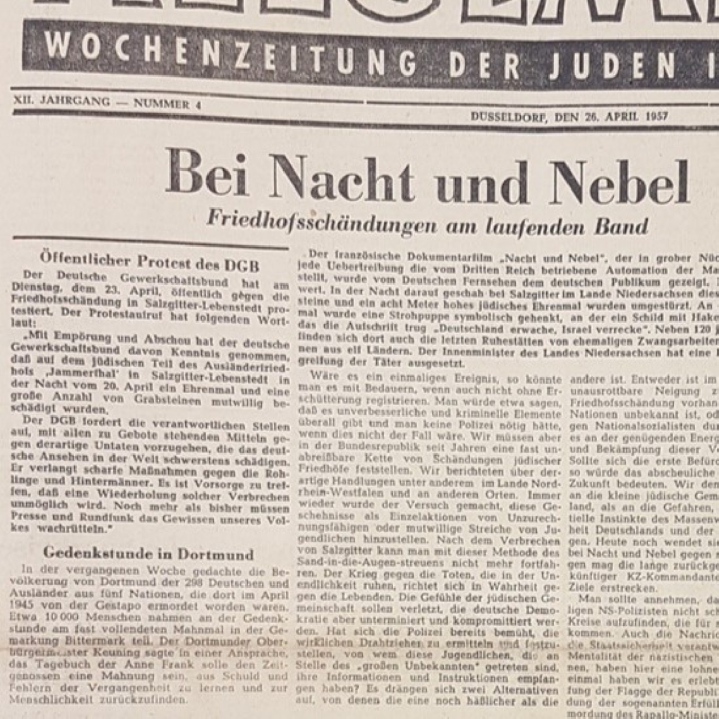 Y-176: Zeitungsbericht über den antisemitischen Angriff auf den jüdischen Friedhof in Salzgitter (1957)
