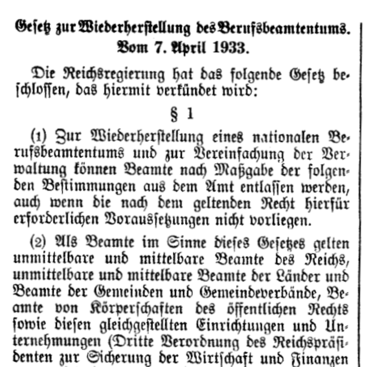 Y-065: Gesetz zur Wiederherstellung des Berufsbeamtentums (1933)