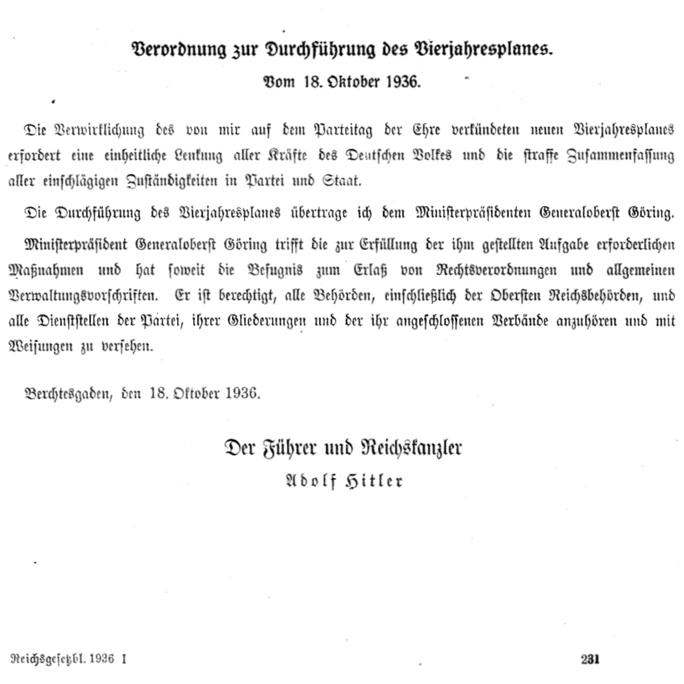 Y-125: Adolf Hitler, Denkschrift zum Vierjahresplan (1936)
