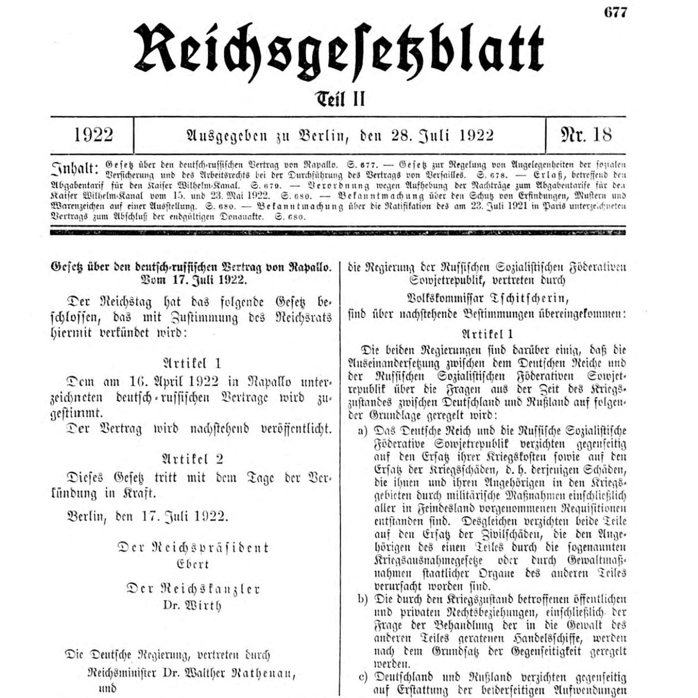 Y-069: Auszüge aus dem Vertrag von Rapallo (1922)