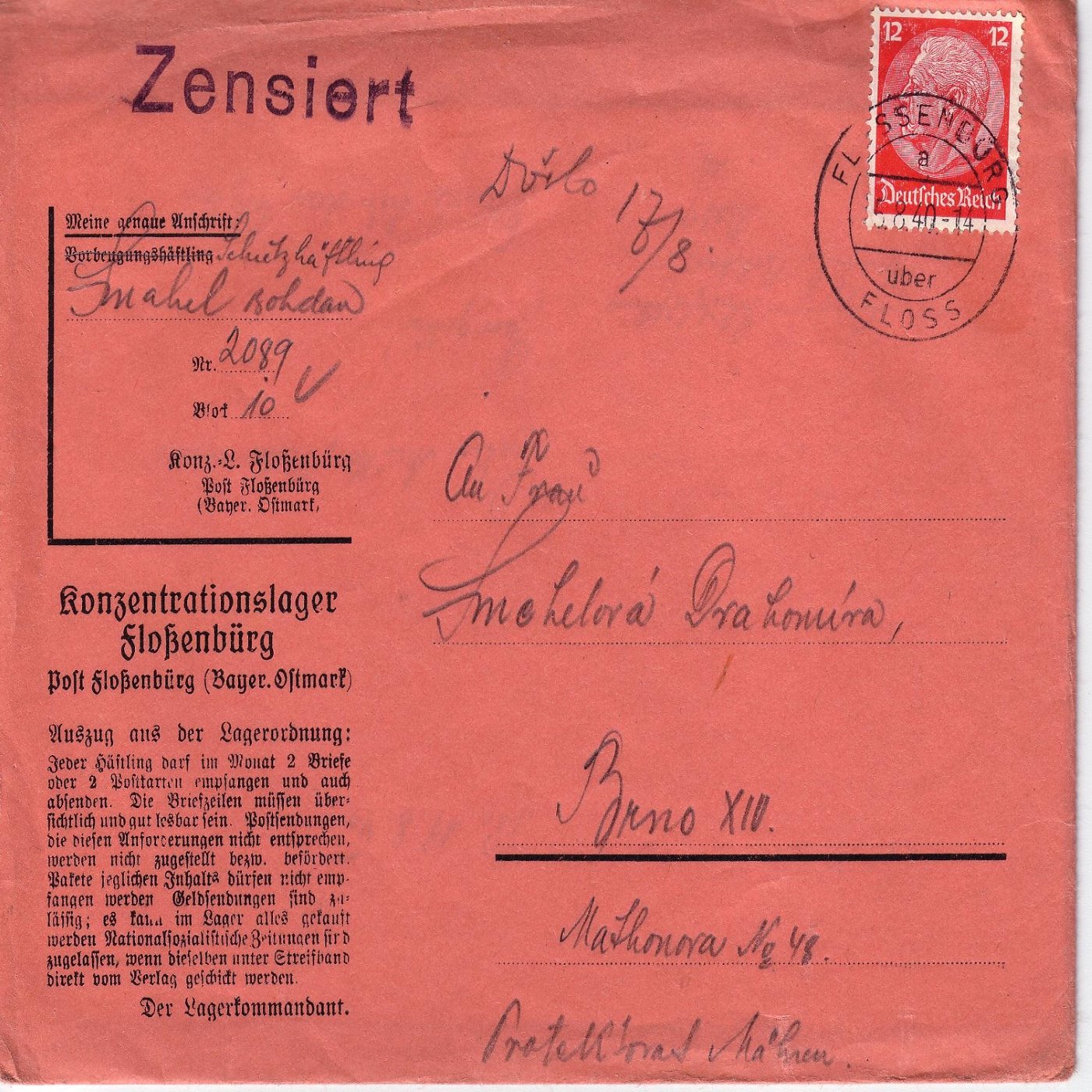 Y-094: Regeln für die Post der Häftlinge im KZ Flossenbürg (1940)