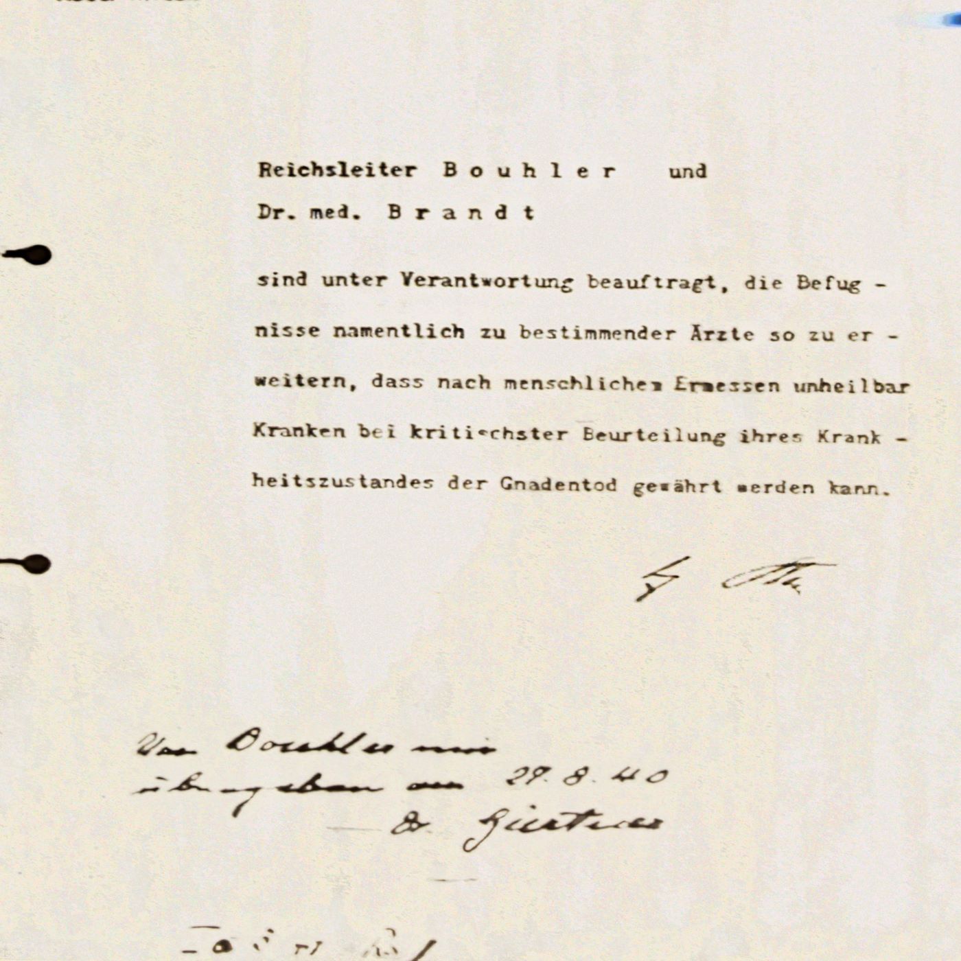 Y-109: Adolf Hitler, Befehl zur Ermordung von Menschen mit Behinderung (1939)